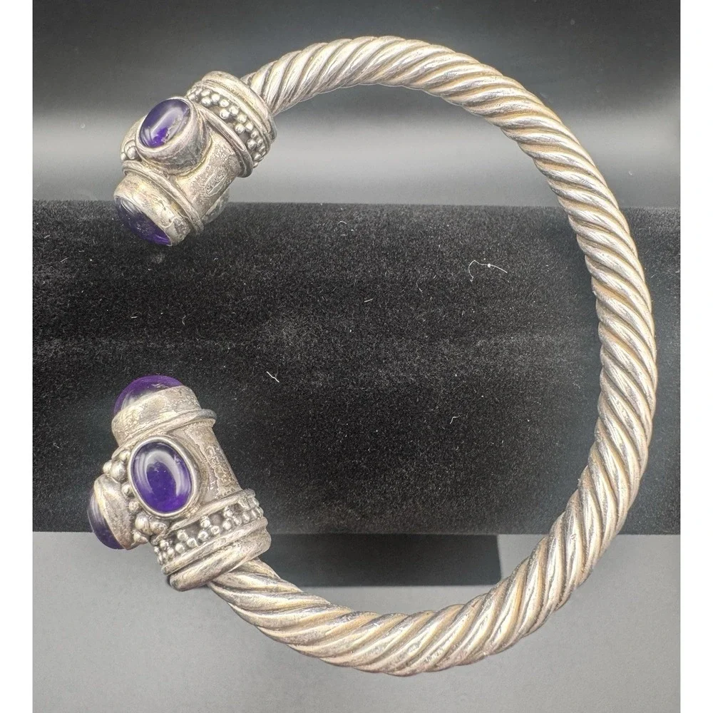 Bali Artisan-Style Sterling Silver Amethyst Twisted Cable Cuff Bracelet 61.15g